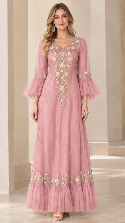 Dusty pink embroidered A-line maxi dress for weddings and formal events