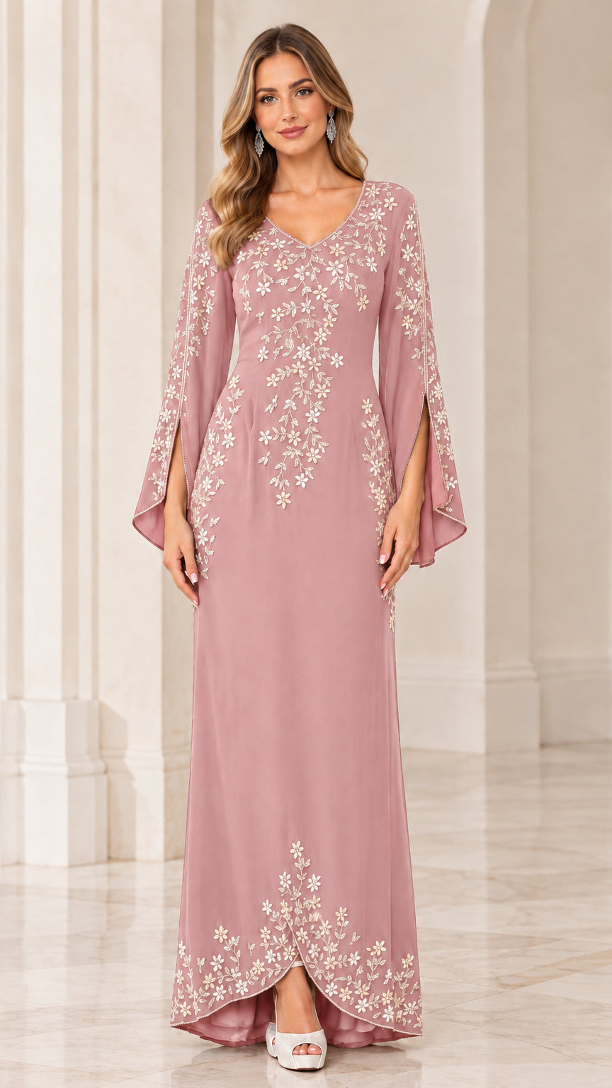 Front view of model wearing Dusty Rose pink embroidered long evening dress