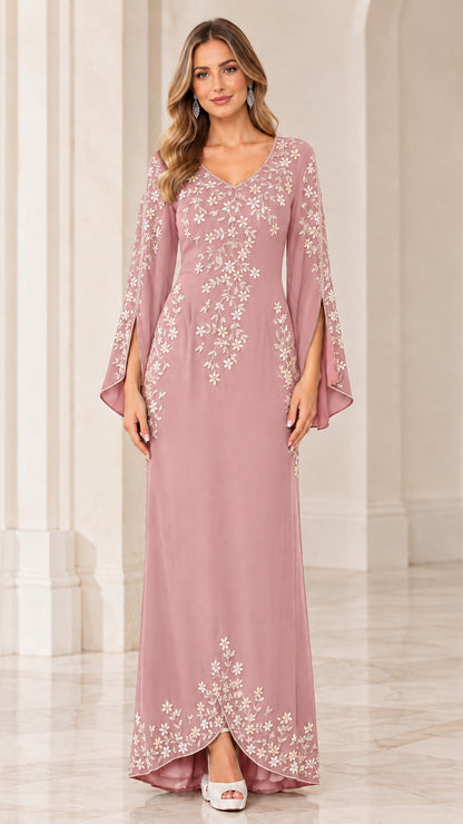 Front view of model wearing Dusty Rose pink embroidered long evening dress