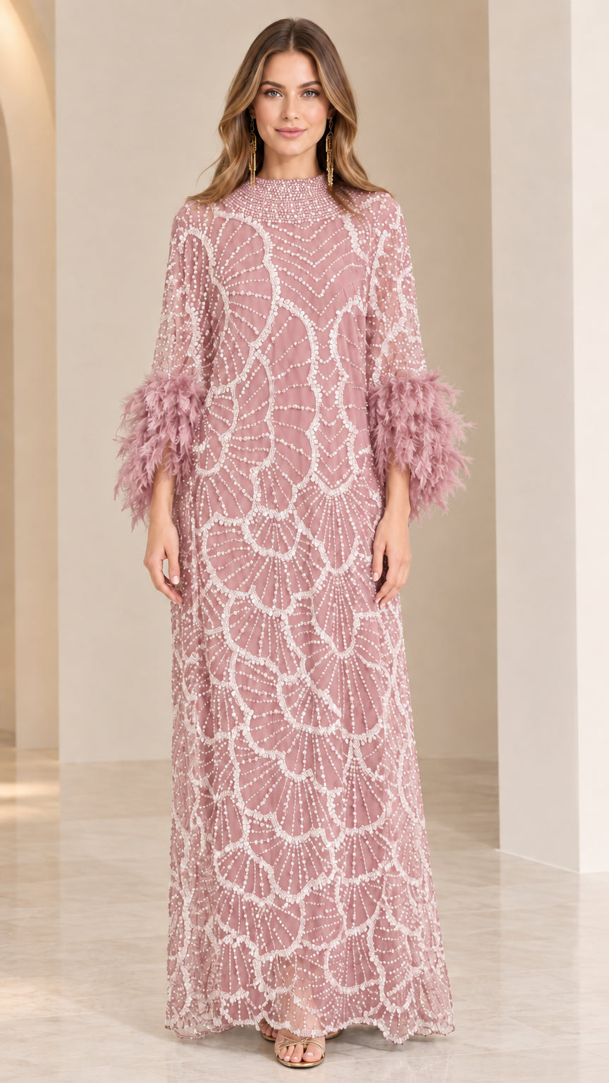 Front view of dusty pink sequin beaded maxi dress with matching feather cuffs