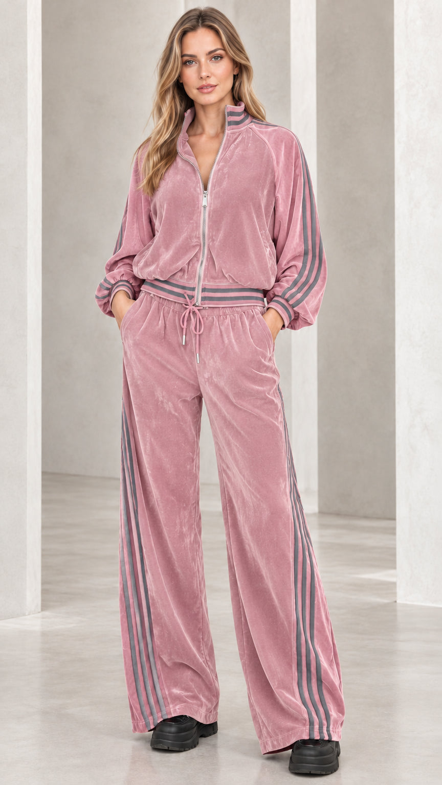 Full front view of model wearing dusty pink velvet tracksuit set with grey stripes