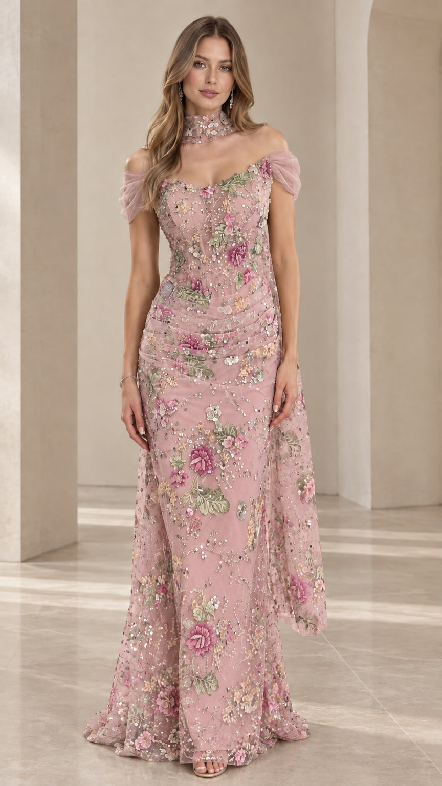 Front view of model wearing Dusty Rose floral embroidered evening gown with choker