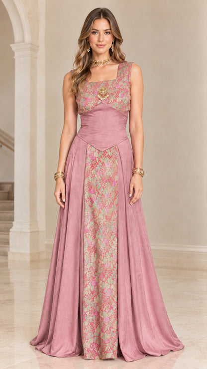 Model wearing dusty pink floral brocade corset-style evening dress