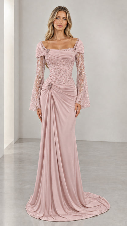 Dusty pink embellished formal evening dress with draped waist