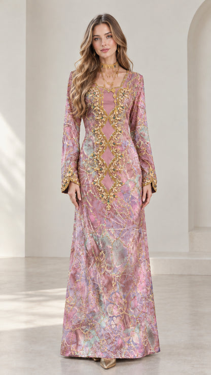 Front full-length view of dusty pink embroidered kaftan gown