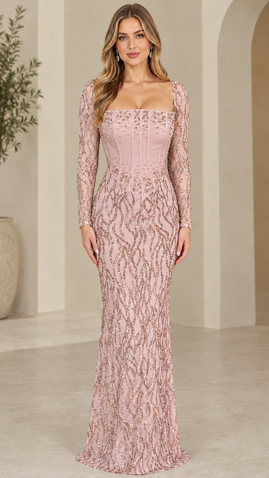 Front view of dusty pink sequin long sleeve corset formal gown