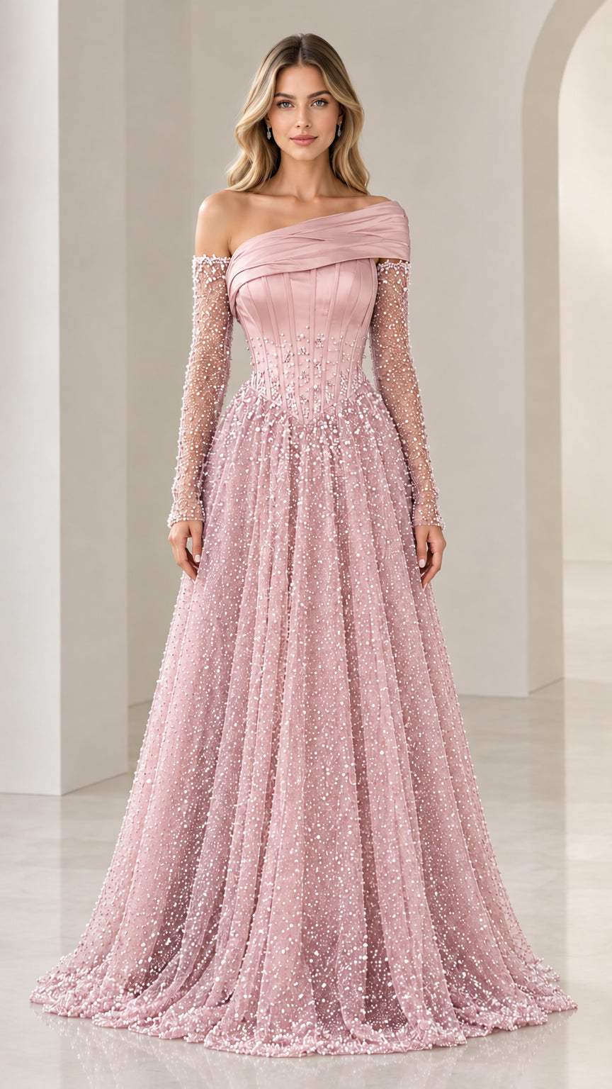 Blush pink off-the-shoulder beaded A-line formal gown