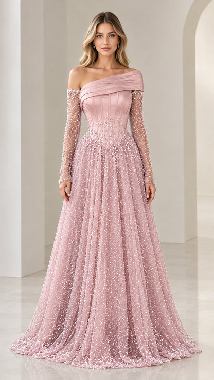 Blush pink off-the-shoulder beaded A-line formal gown