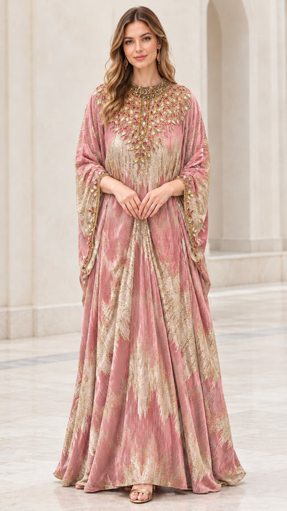 Model wearing Dusty Pink embellished velvet evening kaftan dress