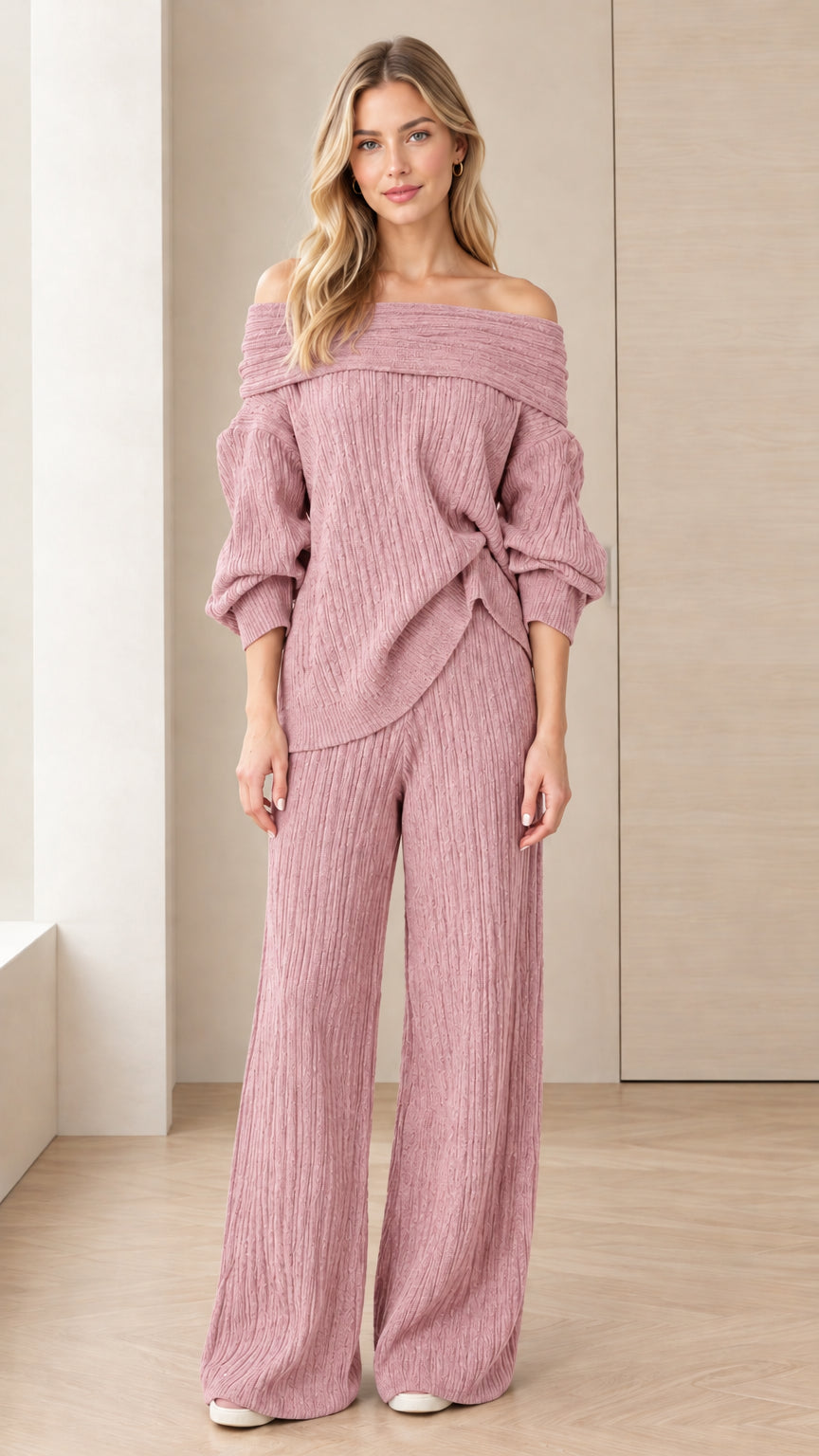 Dusty pink textured knit off-the-shoulder top and flowy wide-leg pants set