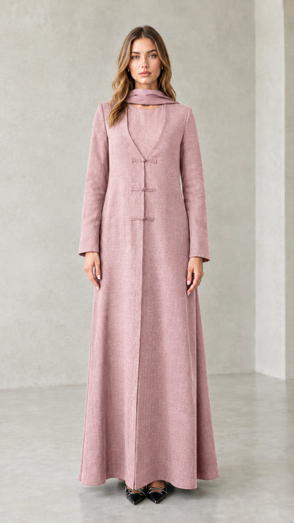 Front view of model wearing Dusty Pink textured long sleeve maxi coat dress