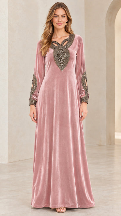 Model wearing Dusty Rose pink velvet embellished maxi gown