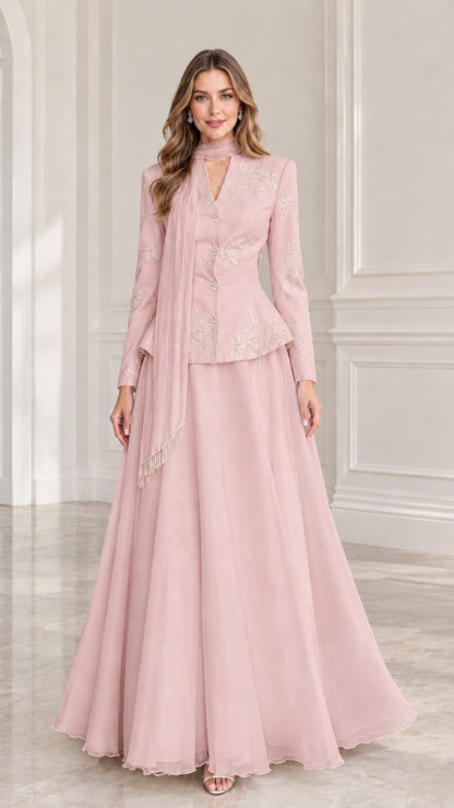 Front full-length view of Blush Pink formal peplum skirt suit gown