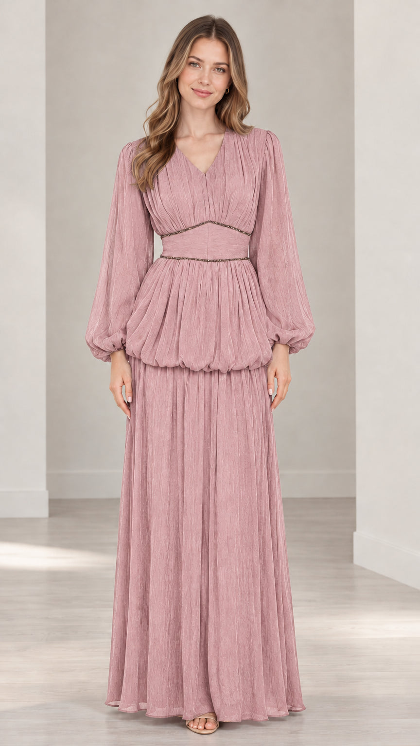 Front full view of dusty rose pink pleated long sleeve maxi dress