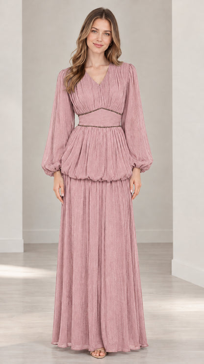 Front full view of dusty rose pink pleated long sleeve maxi dress