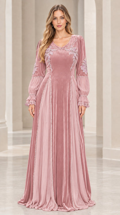 Model wearing Dusty Pink embroidered velvet evening gown