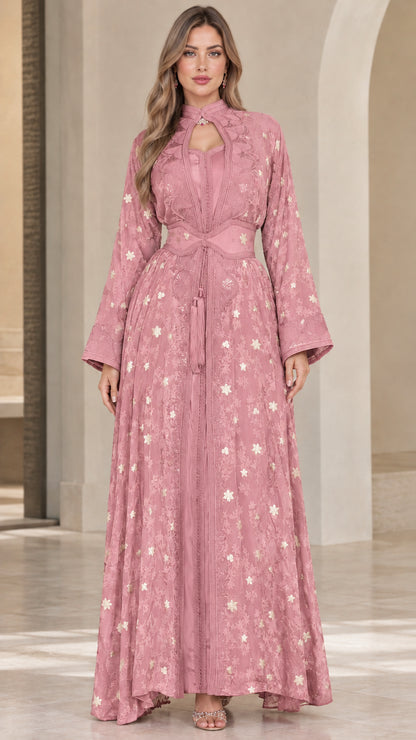 Front full-length view of model wearing Dusty Rose embroidered maxi dress