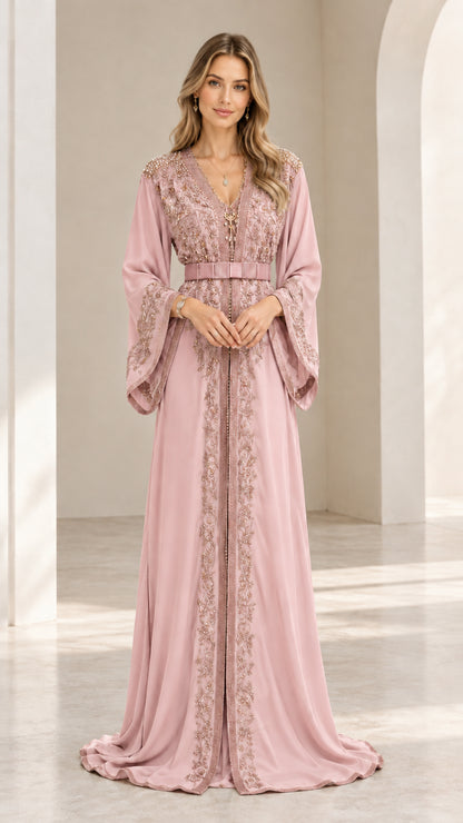 Front view of blush pink embroidered bell sleeve evening kaftan gown