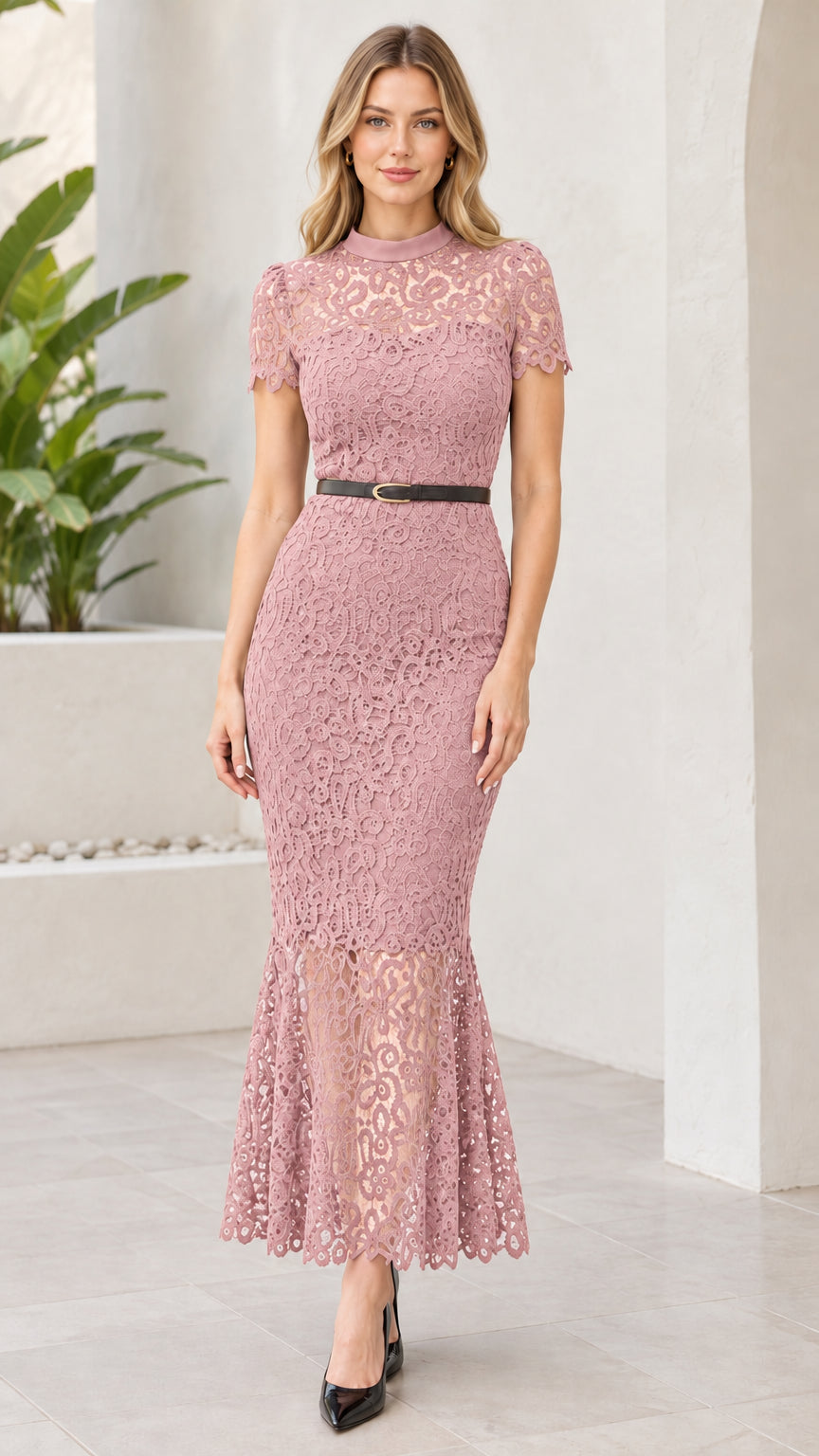 Front view of dusty pink floral lace mermaid formal dress with belt