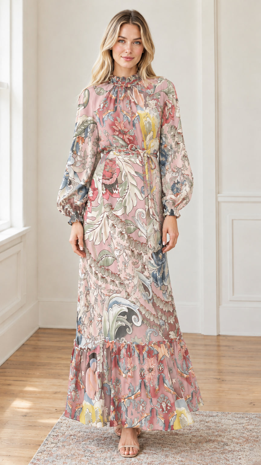 Woman modeling vintage floral high-neck maxi dress in blush pink multi