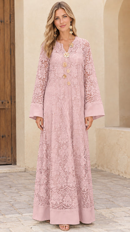 Front view of model wearing Dusty Pink floral lace kaftan maxi dress