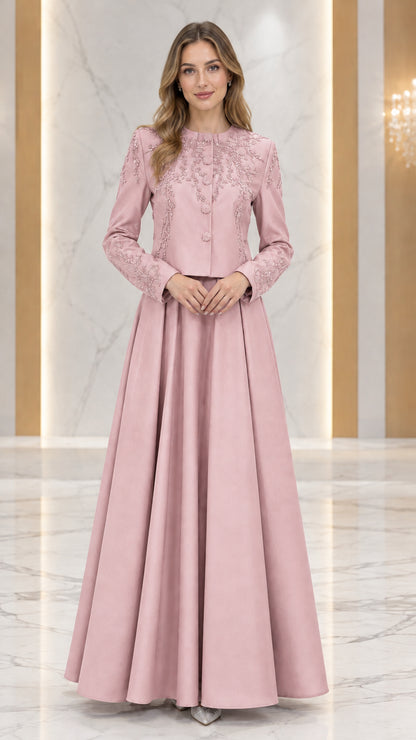 Dusty Pink two-piece beaded jacket and maxi evening dress
