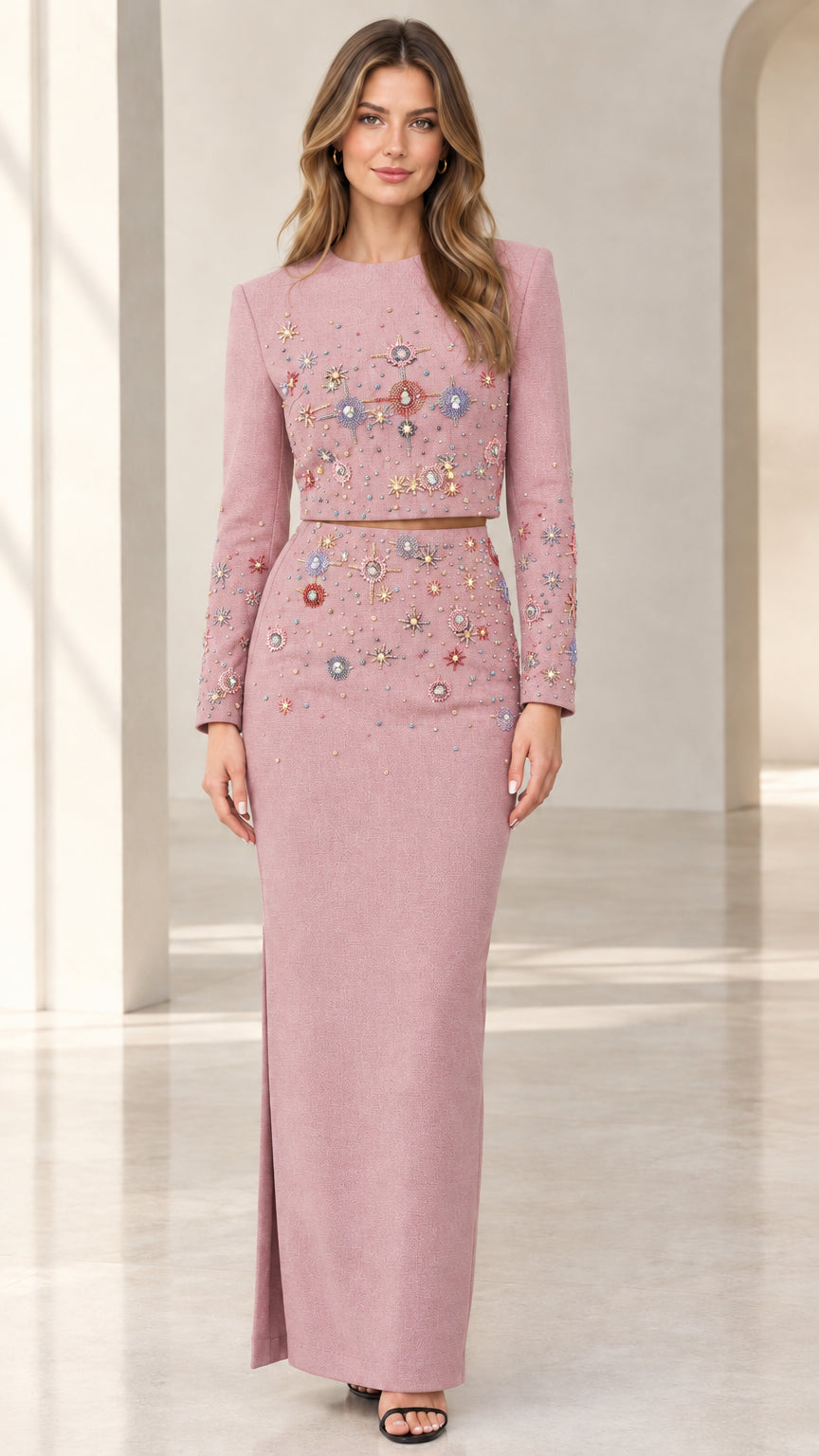 Front view of dusty rose pink beaded two-piece maxi formal dress