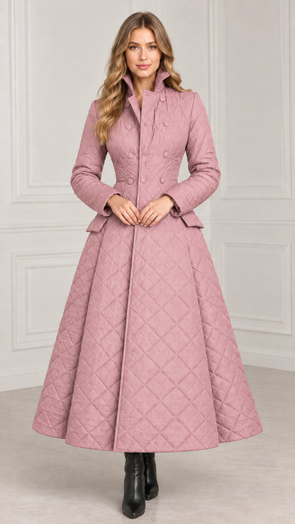 Model wearing dusty pink diamond quilted flared maxi coat