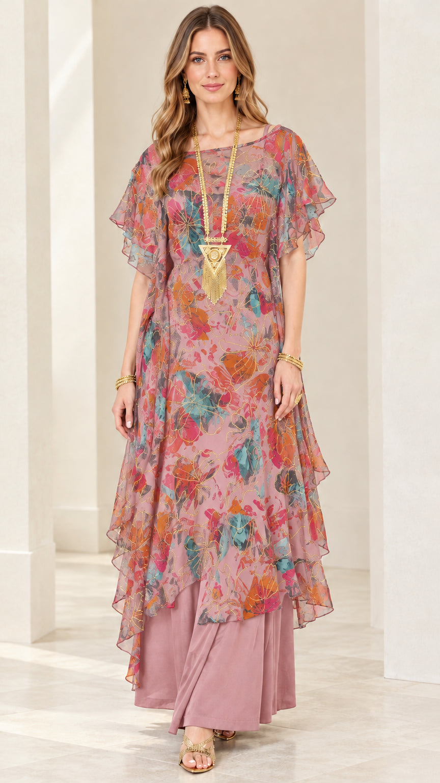 Full-length view of Dusty Rose pink floral layered chiffon maxi dress