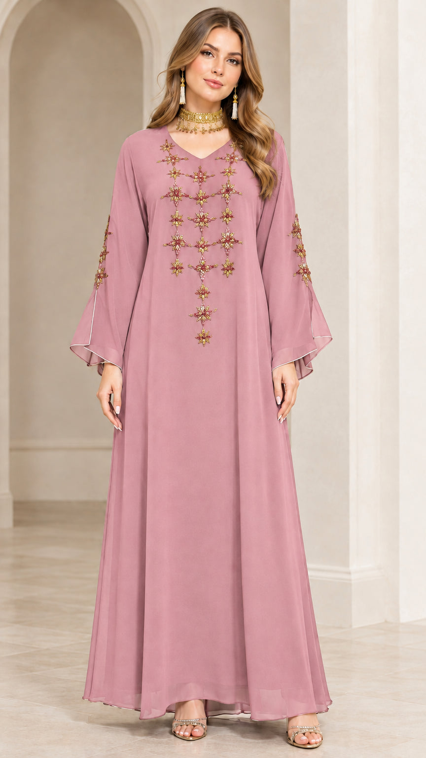 Full-length front view of model wearing Dusty Pink embroidered maxi abaya dress