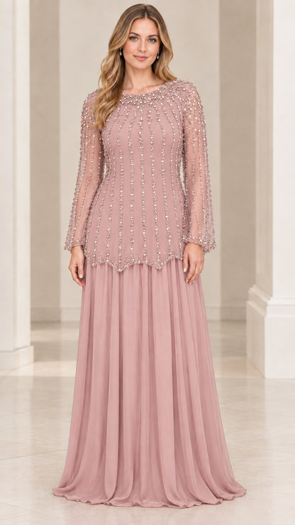 Front view of woman wearing Dusty Rose beaded long sleeve evening gown