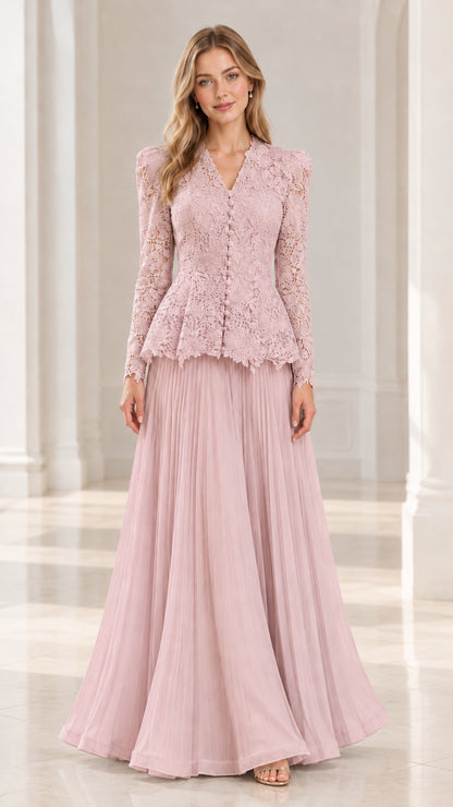 Dusty Pink lace peplum long sleeve formal dress