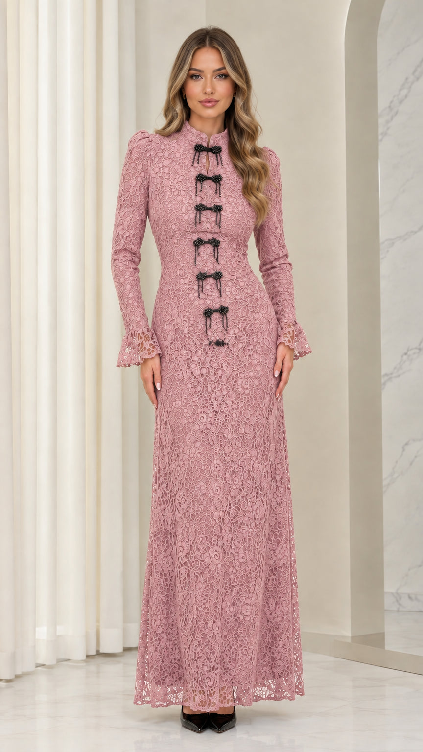 Front full view of woman wearing dusty pink floral lace long-sleeve maxi dress
