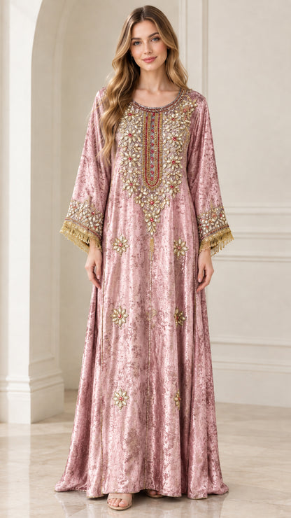 Front view of dusty pink embellished crushed velvet kaftan maxi dress