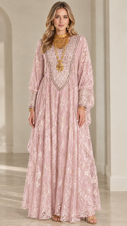 Front view of dusty pink embroidered lace kaftan maxi dress