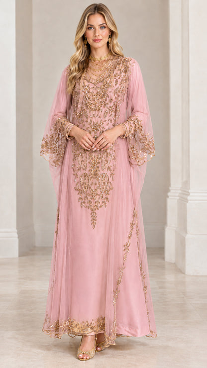 Front view of dusty pink maxi kaftan gown with metallic gold embellishment