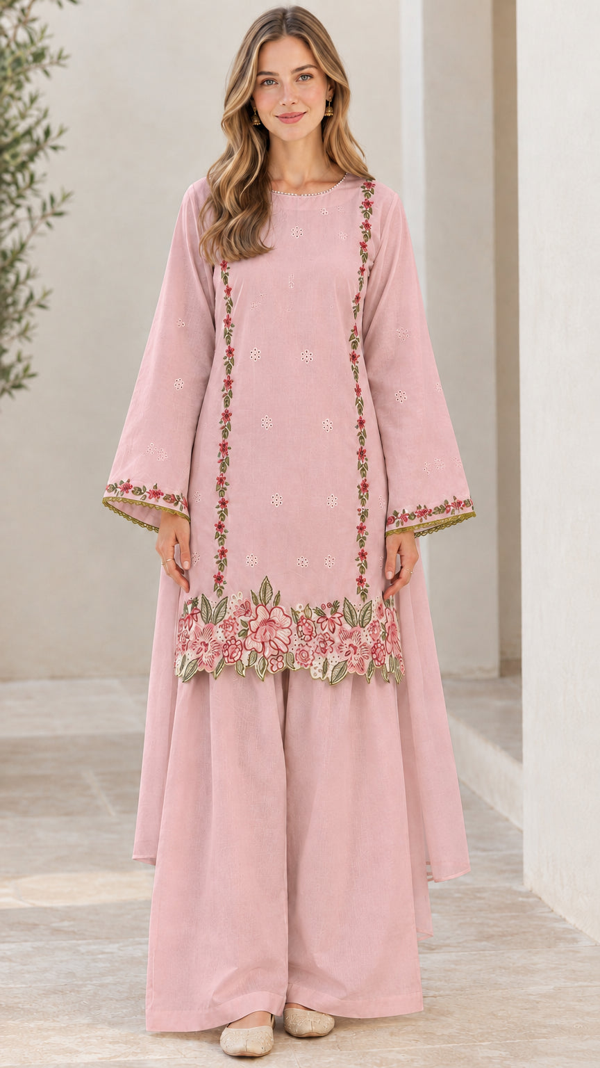 Front view of woman wearing dusty pink floral embroidered tunic and wide-leg pants set