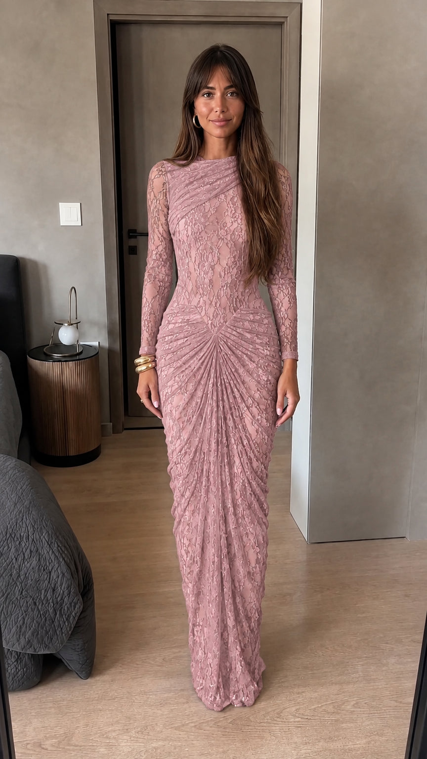 Full length dusty rose pink ruched sheer lace evening maxi dress