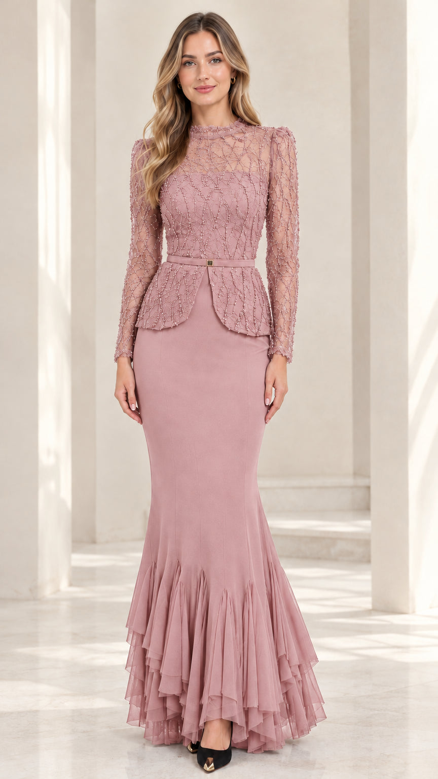 Dusty rose embellished long-sleeve peplum mermaid gown