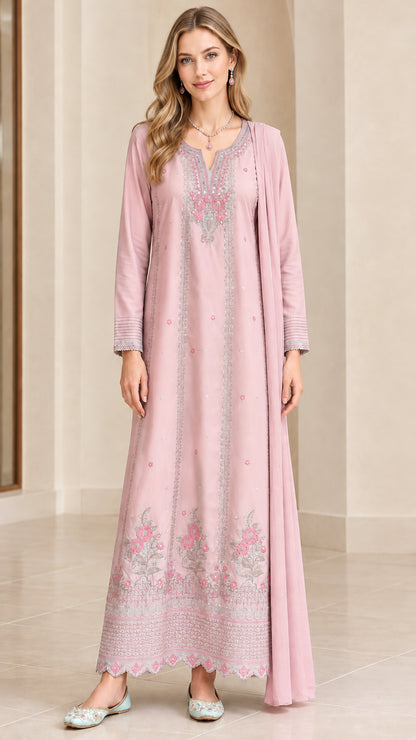 Front view of dusty pink embroidered maxi dress with matching scarf