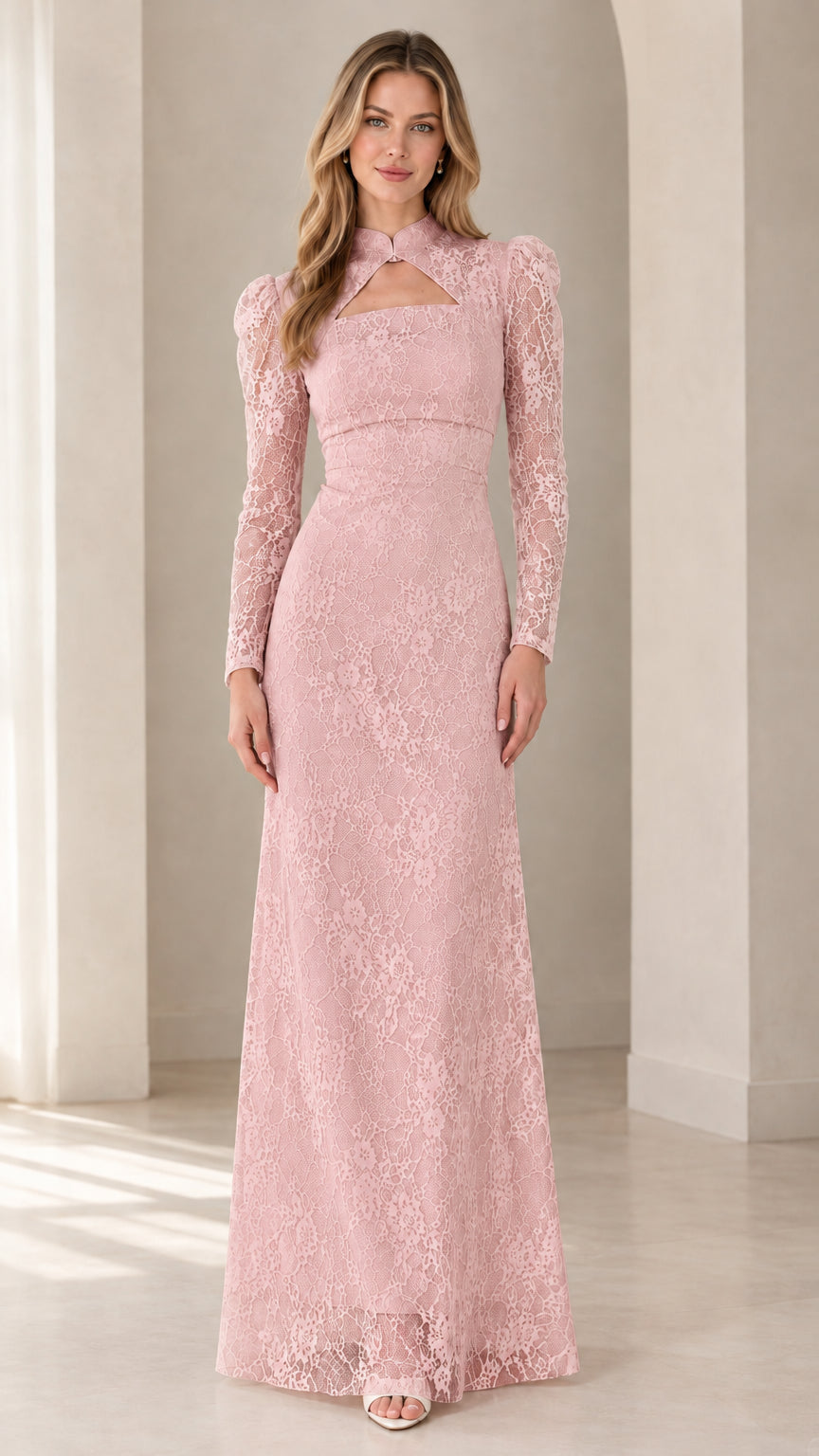 Full front view of Blush Pink floral lace long sleeve evening dress