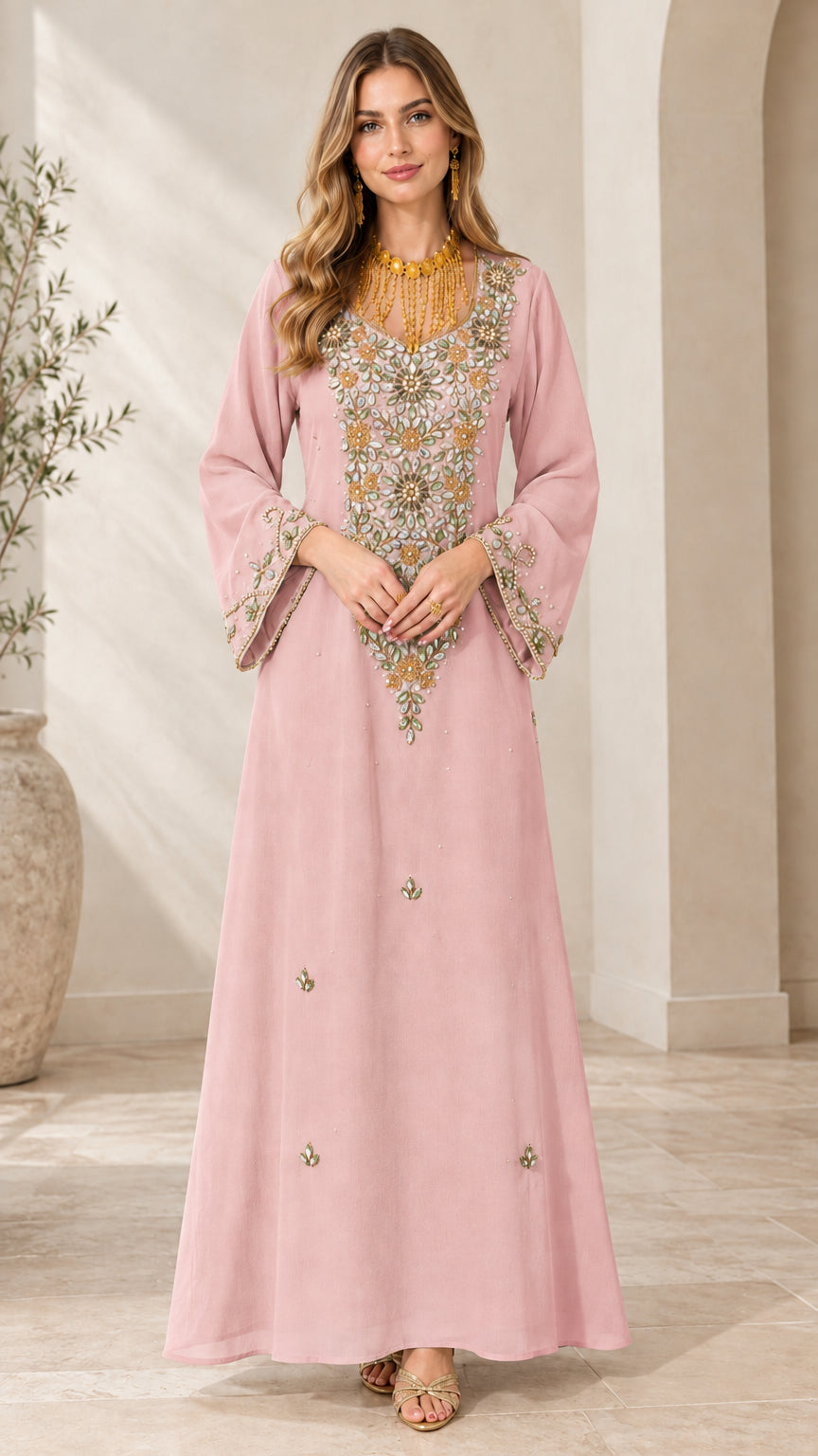 Front full view of woman wearing Blush Pink embellished kaftan maxi dress