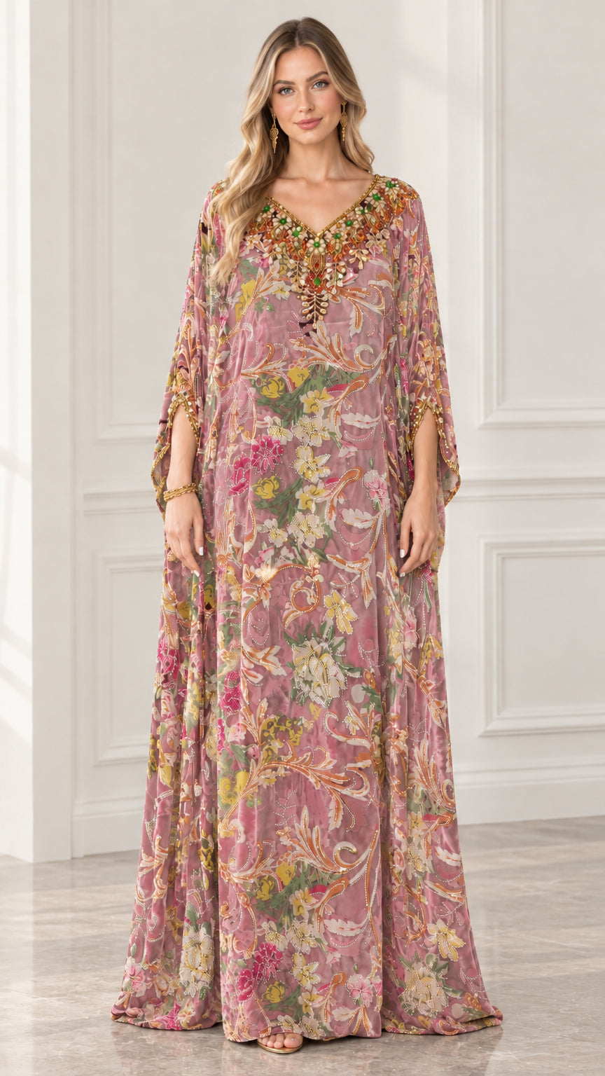 Dusty rose pink floral velvet embellished kaftan maxi dress