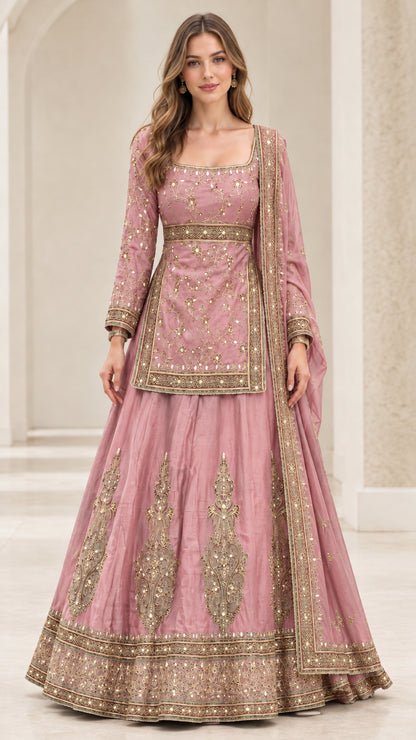 Dusty pink embroidered 3-piece kurti and flared maxi lehenga set