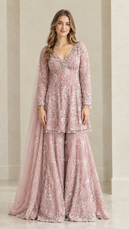 Blush pink beaded lace peplum sharara suit set with matching dupatta