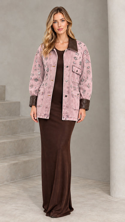 Front view of model wearing Dusty Pink embellished denim jacket with brown contrast trim