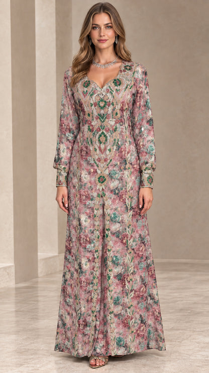 Front view of blush pink floral embroidered long sleeve maxi evening dress