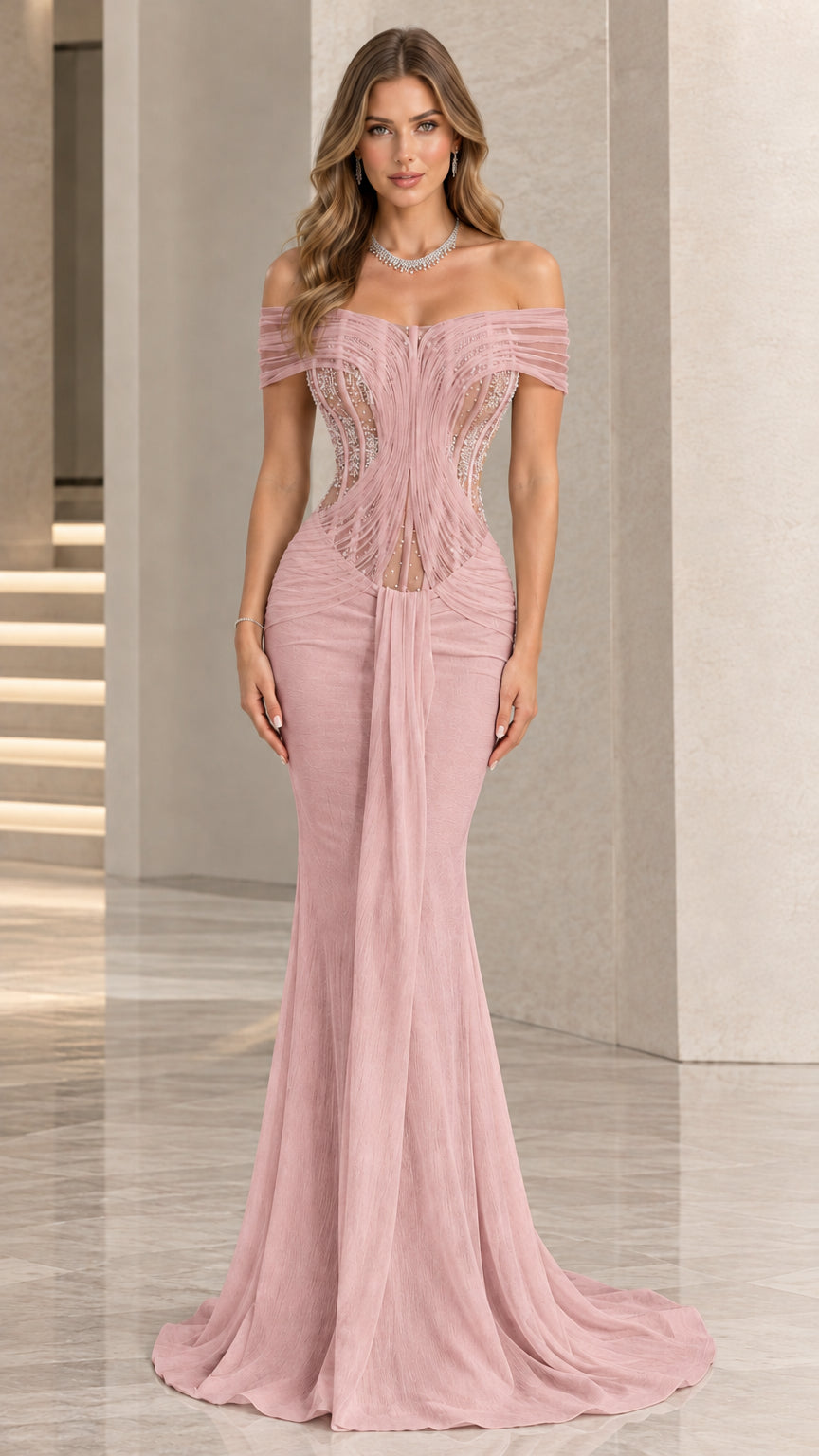 Dusty pink off-the-shoulder embellished formal maxi dress