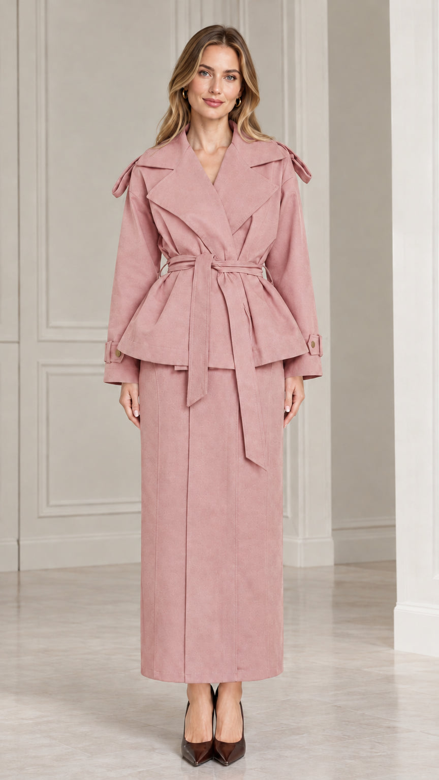 Front view of model wearing dusty pink belted peplum jacket and maxi skirt set