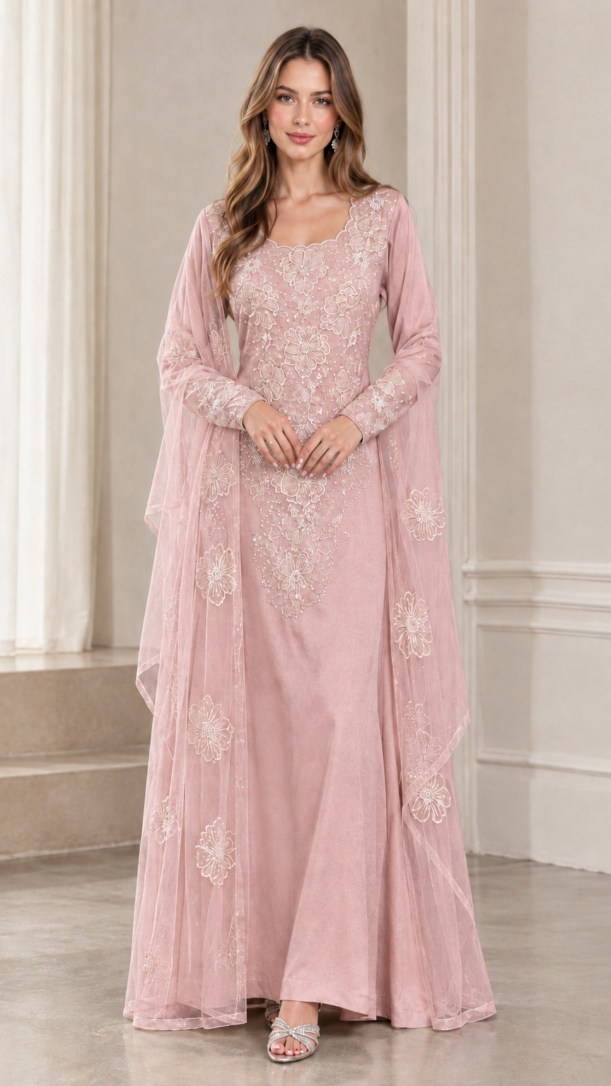 Full-length dusty pink embroidered lace formal gown with draped sleeves